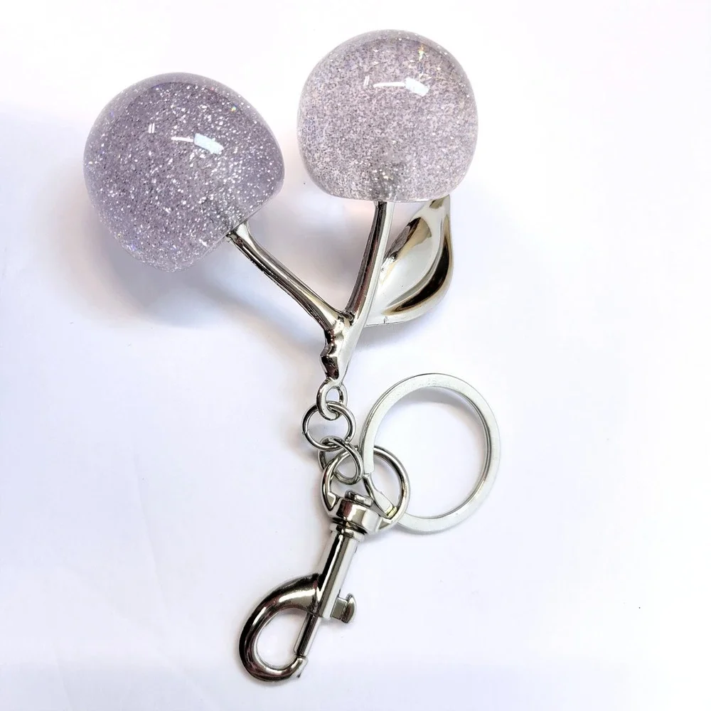 Bag Charm Keychain Glitter Resin Double Cherry Silver Womens Blossom Fairycore